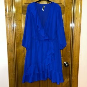 Royal Blue 3/4 Sleeve Chiffon Ruffle Dress, Plus Size